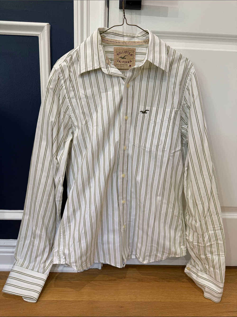 Hollister Men's White Shirt with Olive Stripe